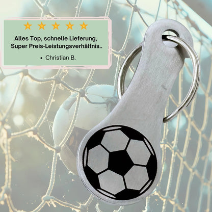 Kundenbewertung zu Fußball-Einkaufswagenlöser mit Hintergrundbild eines Fußballnetzes – hohe Zufriedenheit