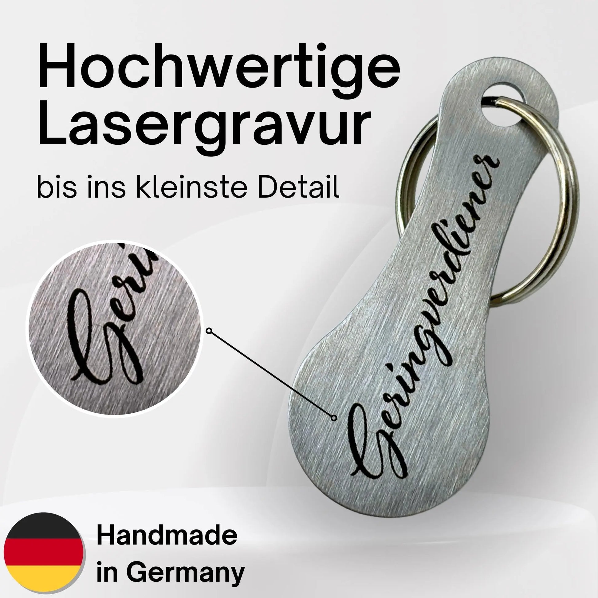 Hochwertige Lasergravur „Geringverdiener“ auf Edelstahl-Chip – handgefertigt in Deutschland mit feinster Gravurtechnik