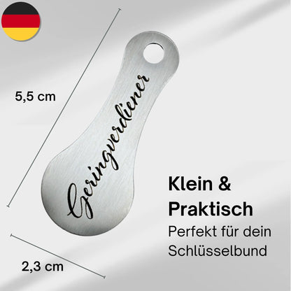 Kompakter Einkaufswagenlöser „Geringverdiener“ aus Edelstahl – ideal für Schlüsselbund, 5,5 x 2,3 cm, made in Germany
