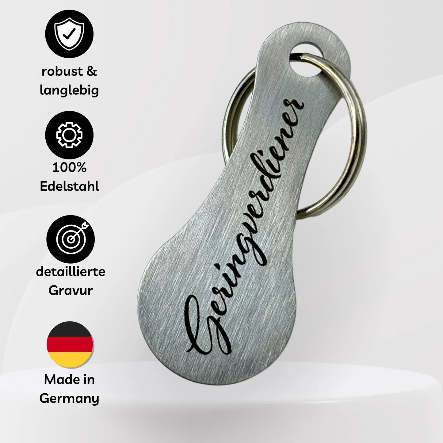 Edelstahl Einkaufswagenlöser mit Gravur „Geringverdiener“ – langlebig, robust, detailverliebt und Made in Germany