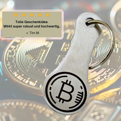 Kundenrezension zu graviertem Bitcoin-Einkaufswagenlöser – Geschenkidee für Krypto-Fans.