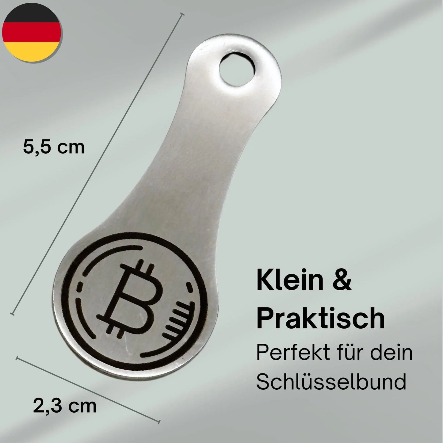 Kompakter Einkaufswagenlöser mit Bitcoin-Logo – 5,5 x 2,3 cm – perfekt für deinen Schlüsselbund.