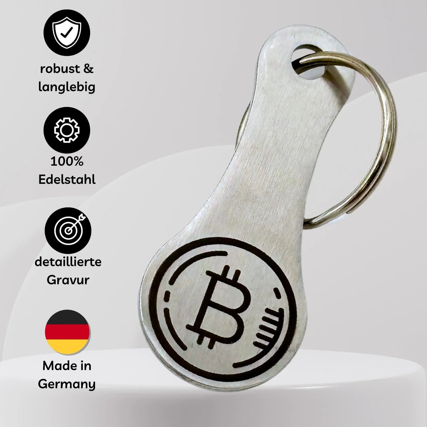 Bitcoin-Einkaufschip aus 100 % Edelstahl mit präziser Gravur – langlebig, rostfrei & Made in Germany.