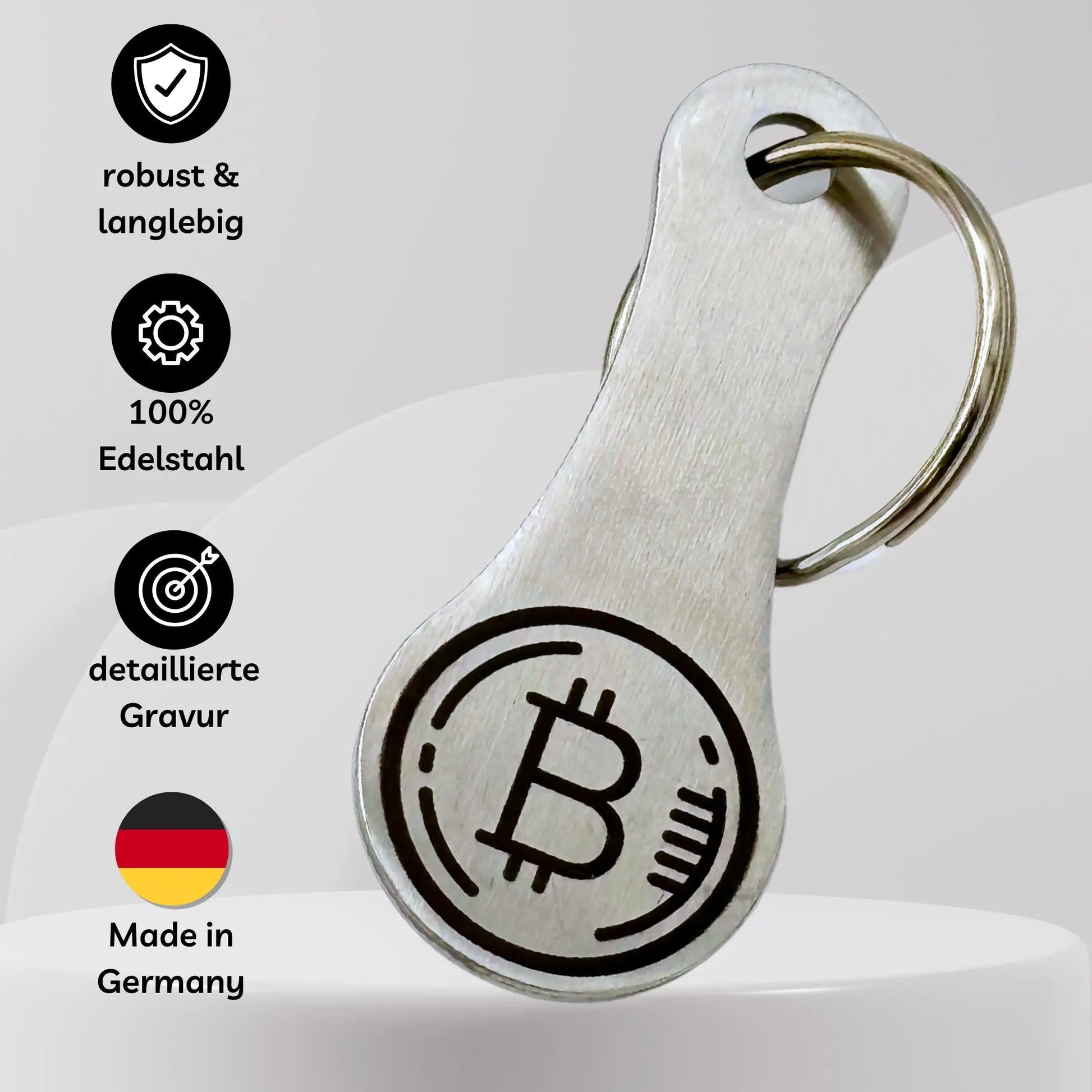 Bitcoin-Einkaufschip aus 100 % Edelstahl mit präziser Gravur – langlebig, rostfrei & Made in Germany.