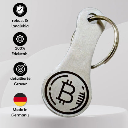 Bitcoin-Einkaufschip aus 100 % Edelstahl mit präziser Gravur – langlebig, rostfrei & Made in Germany.