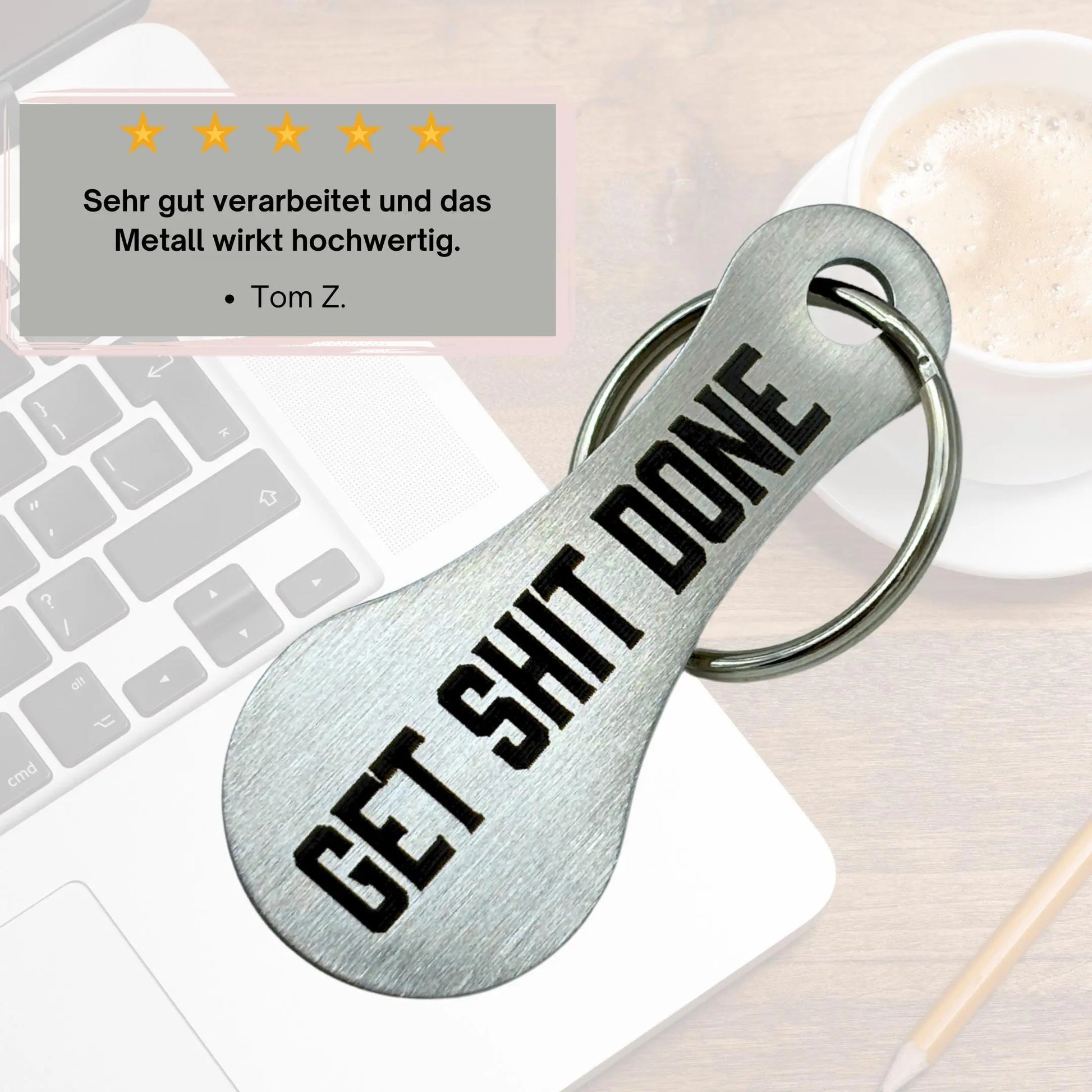 Motivierender Einkaufswagenlöser "Get Shit Done" – Kundenbewertung hebt die hohe Verarbeitungsqualität hervor, ideal als Geschenk