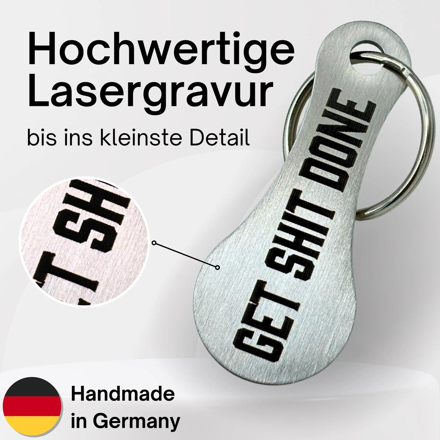 Edelstahl Einkaufswagenchip mit hochwertiger Lasergravur "Get Shit Done" – präzise Gravur bis ins kleinste Detail, Handmade in Germany