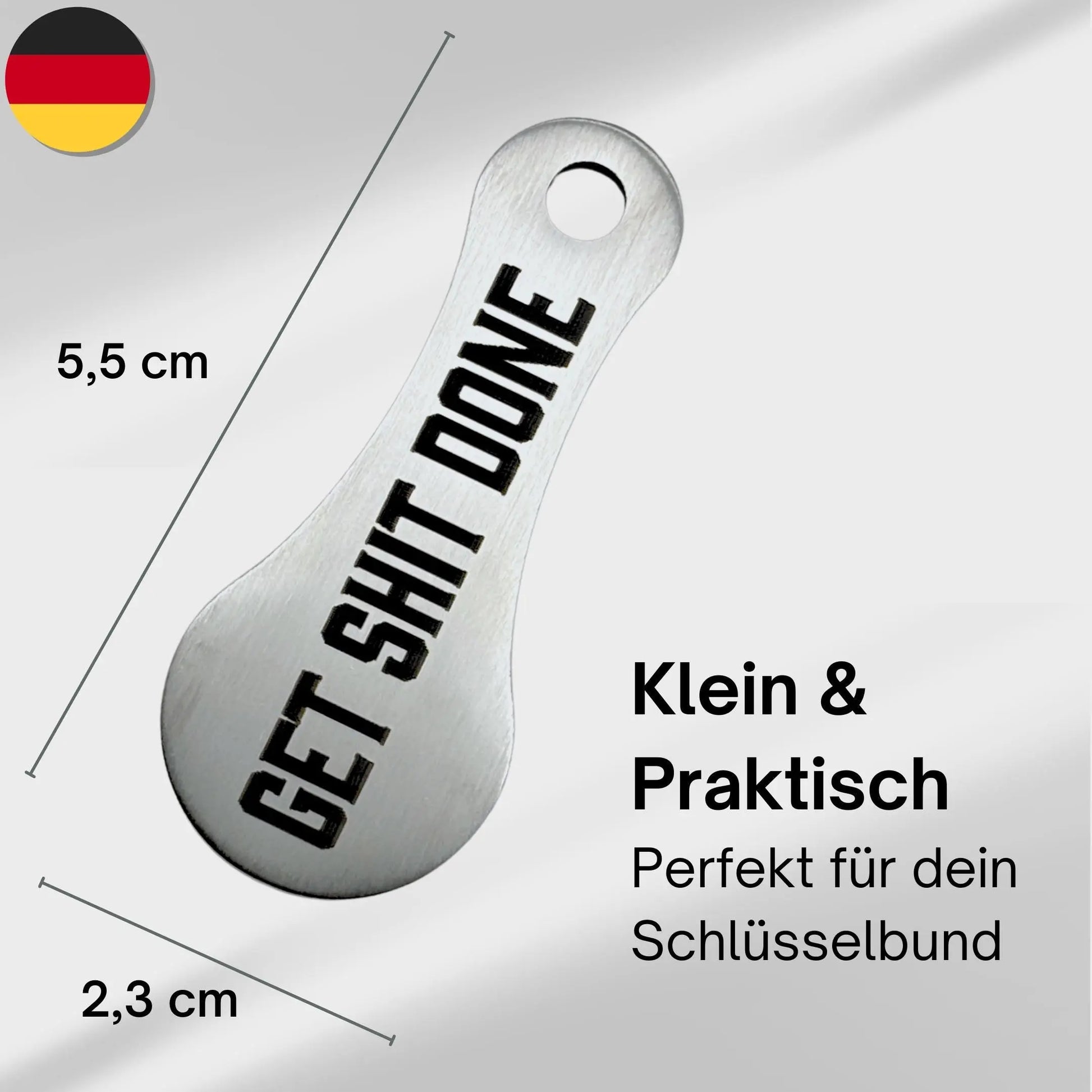 Kompakter Einkaufswagenlöser aus Edelstahl mit Gravur "Get Shit Done" – handlich mit 5,5 x 2,3 cm, perfekt für den Schlüsselbund