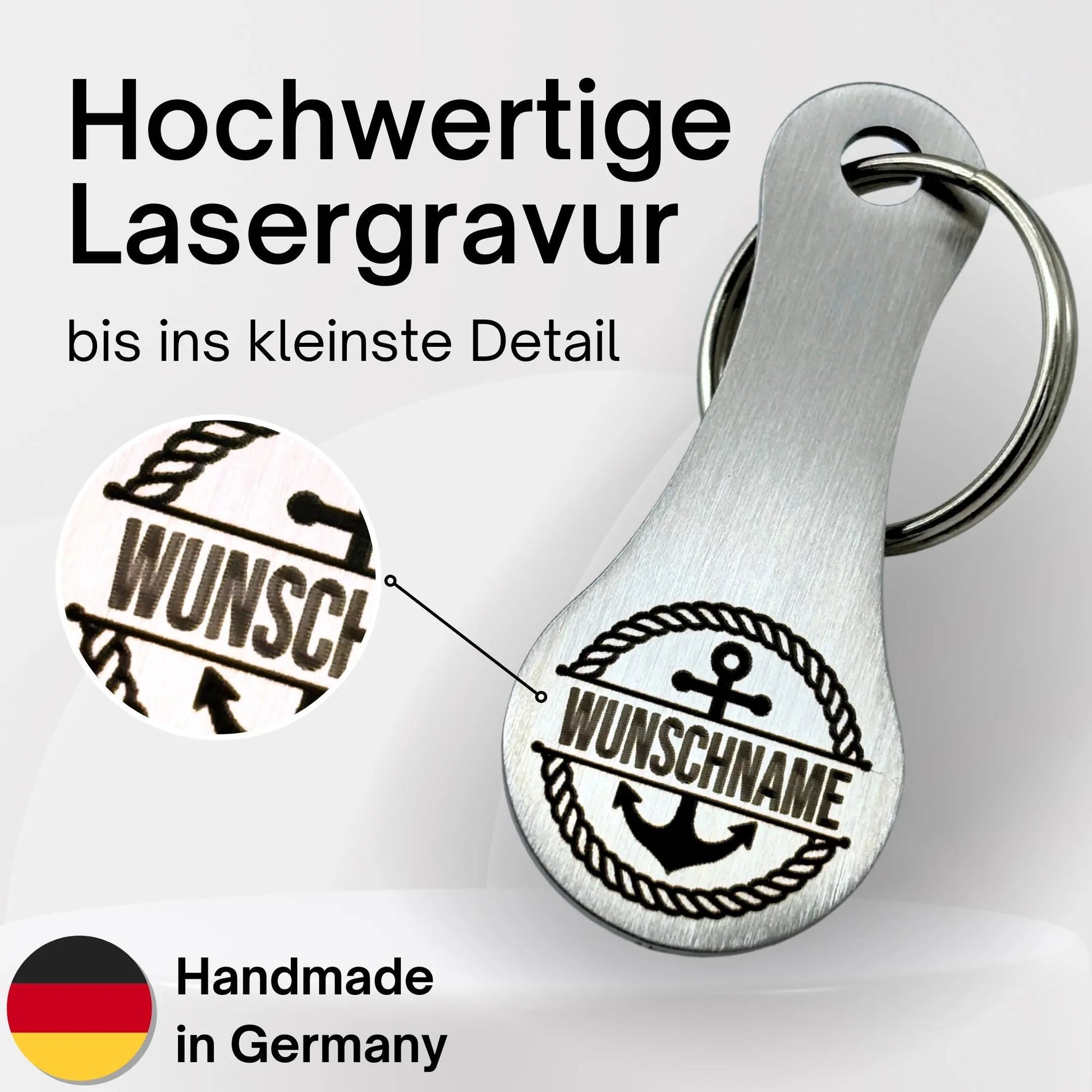 Personalisierter Schlüsselanhänger Einkaufswagenlöser aus Edelstahl graviert
