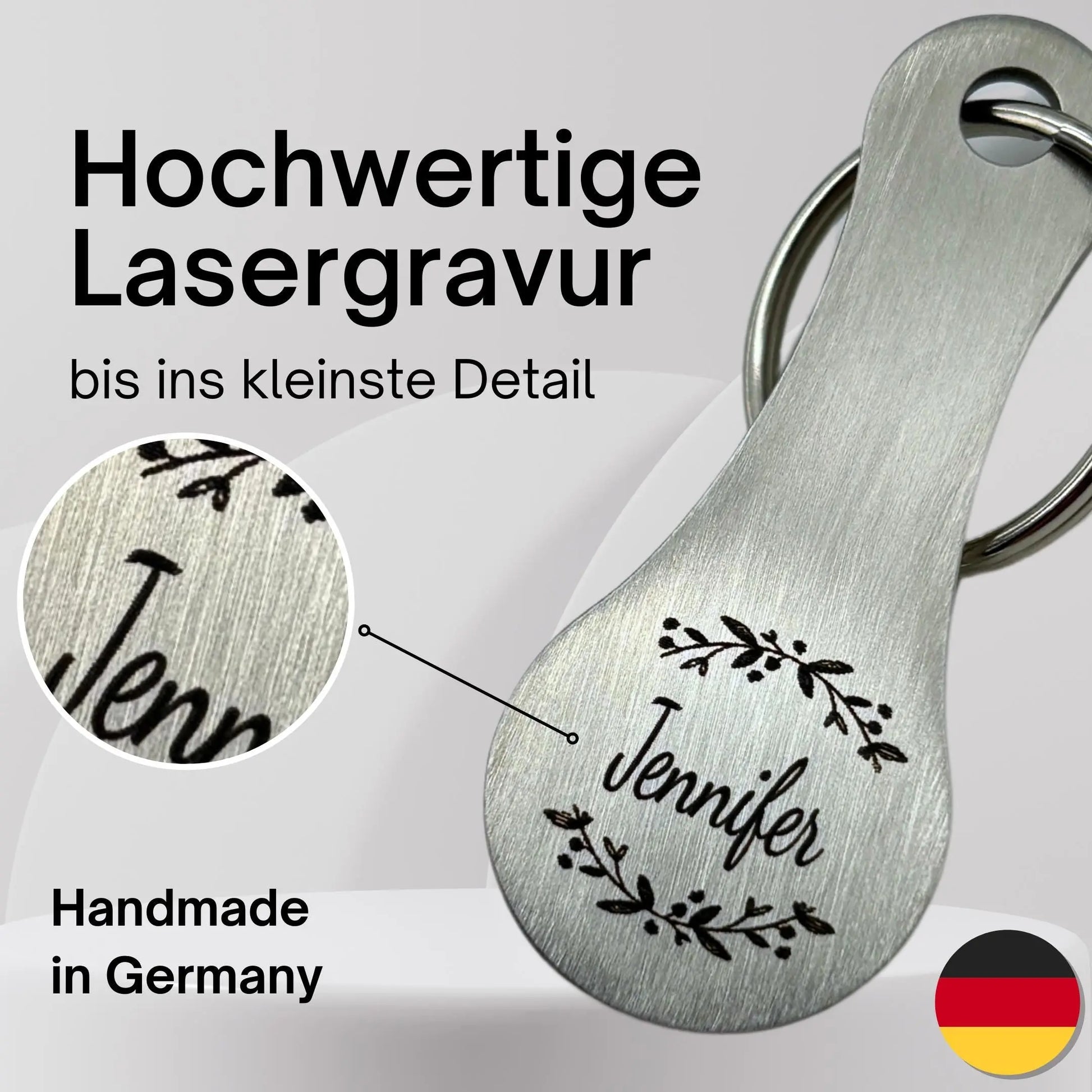 Einkaufswagenlöser Schlüsselanhänger aus Edelstahl mit Gravur „Wunschname“ im Blätterkranz-Design