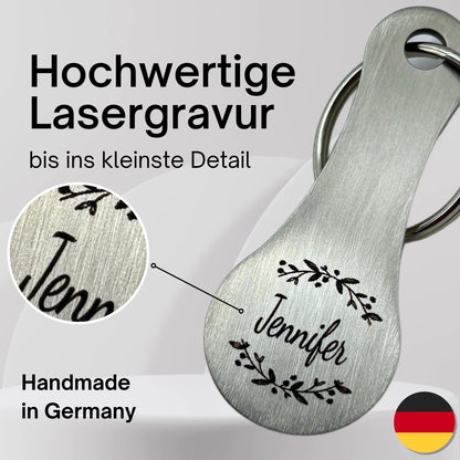 Einkaufswagenlöser Schlüsselanhänger aus Edelstahl mit Gravur „Wunschname“ im Blätterkranz-Design