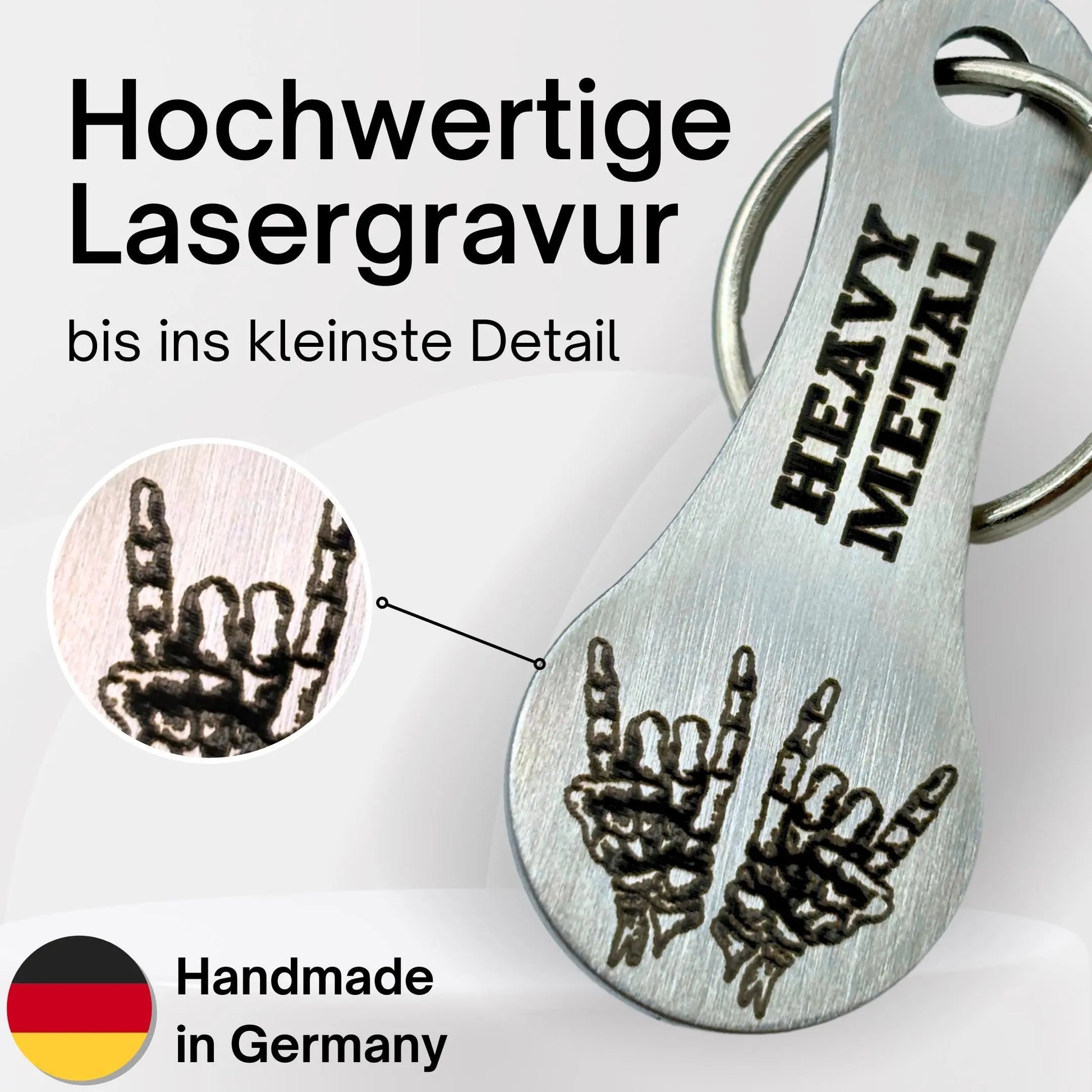 Einkaufswagenlöser aus Edelstahl mit Heavy Metal Gravur – Handmade in Germany