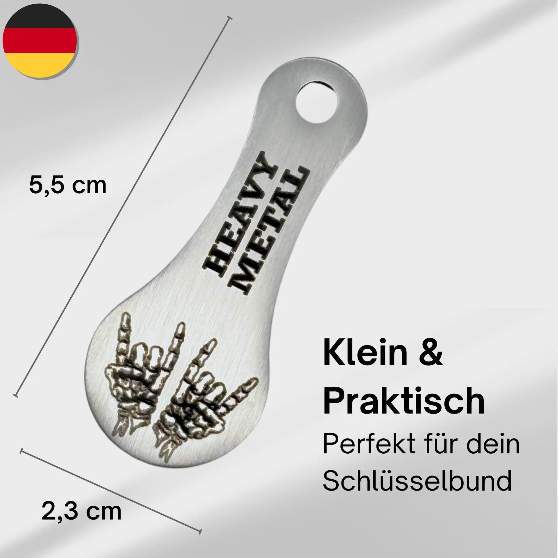Heavy Metal Einkaufswagenlöser mit Rockhand-Motiv – Maße 5,5 x 2,3 cm