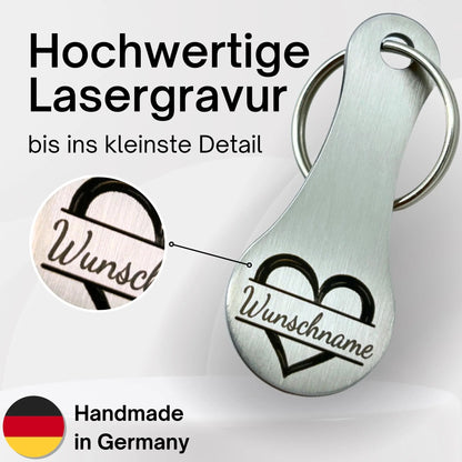 Detailaufnahme Herz Gravur – Einkaufswagenchip mit Wunschnamen