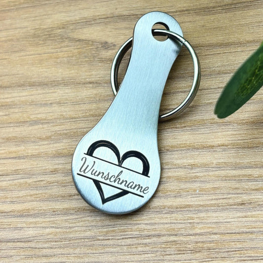 Einkaufswagenlöser Herz mit Wunschgravur aus Edelstahl – Schlüsselanhänger personalisiert