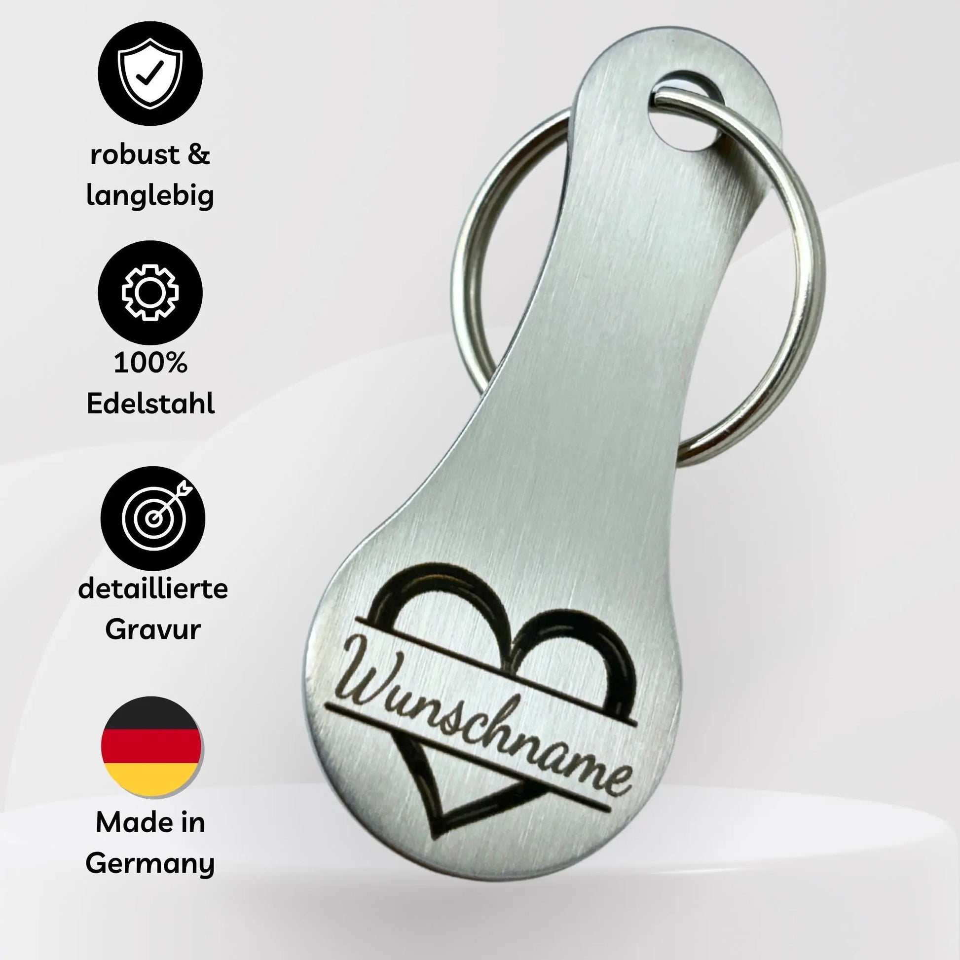 Robuster Einkaufswagenchip mit Herz und Namensgravur – Made in Germany
