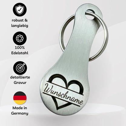 Robuster Einkaufswagenchip mit Herz und Namensgravur – Made in Germany