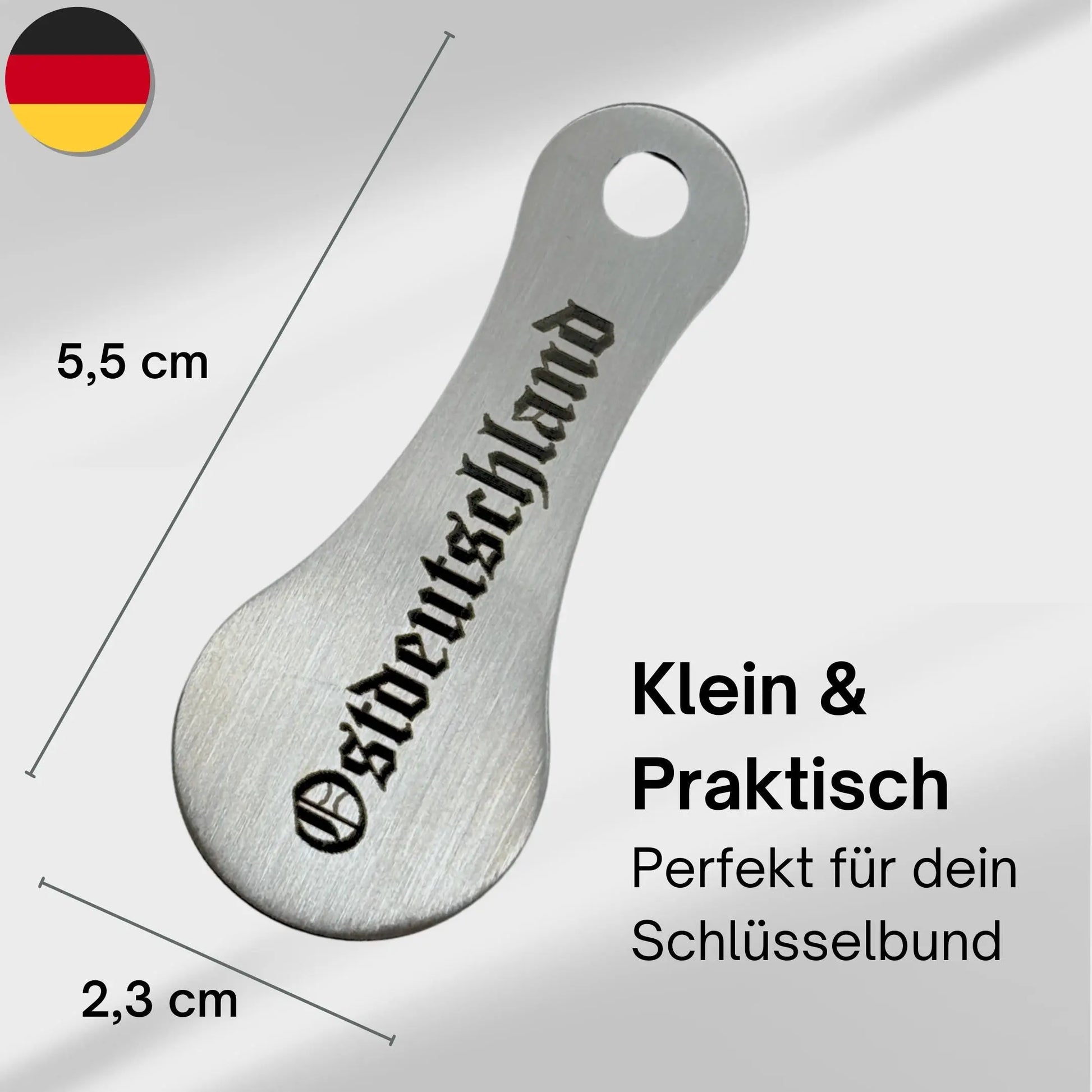 Maße des Edelstahl Einkaufswagenlösers „Ostdeutschland“ – kompakt für Schlüsselbund