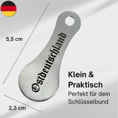 Maße des Edelstahl Einkaufswagenlösers „Ostdeutschland“ – kompakt für Schlüsselbund