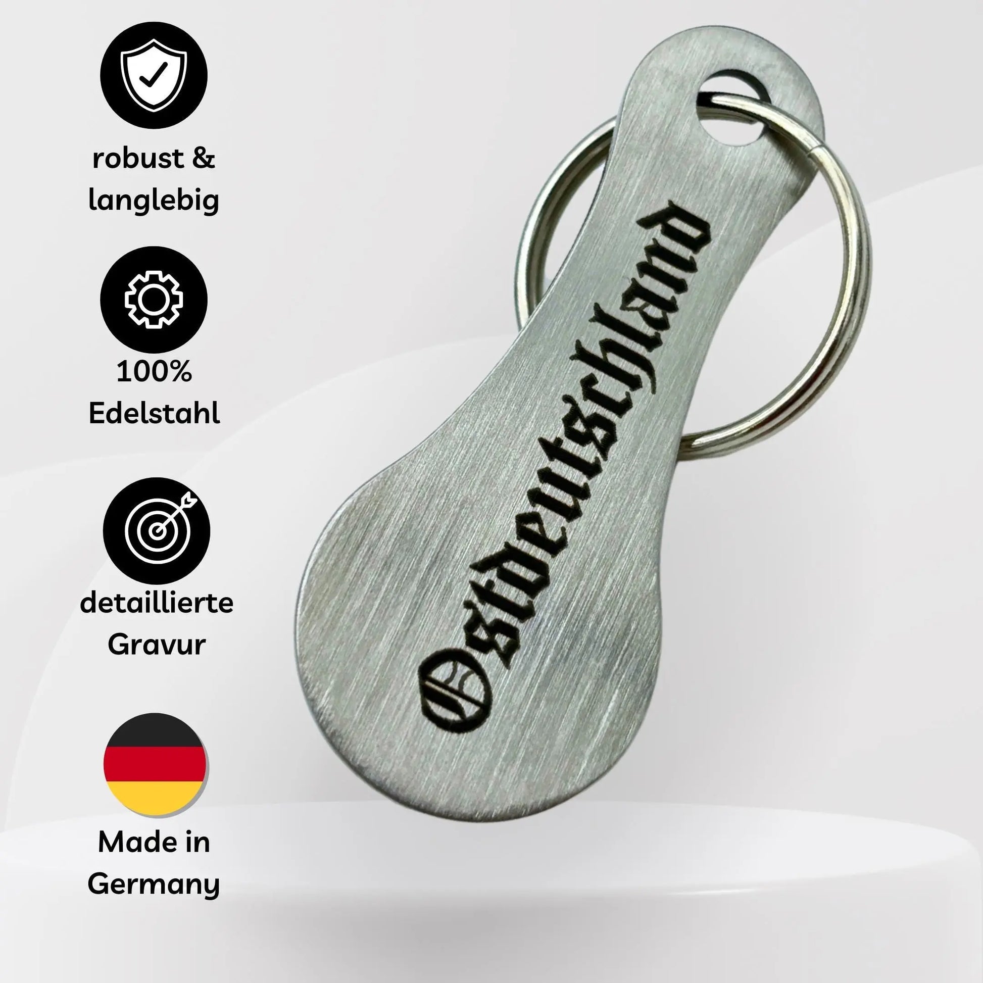 Edelstahl Schlüsselanhänger Einkaufswagenlöser „Ostdeutschland“ – robust, langlebig, graviert