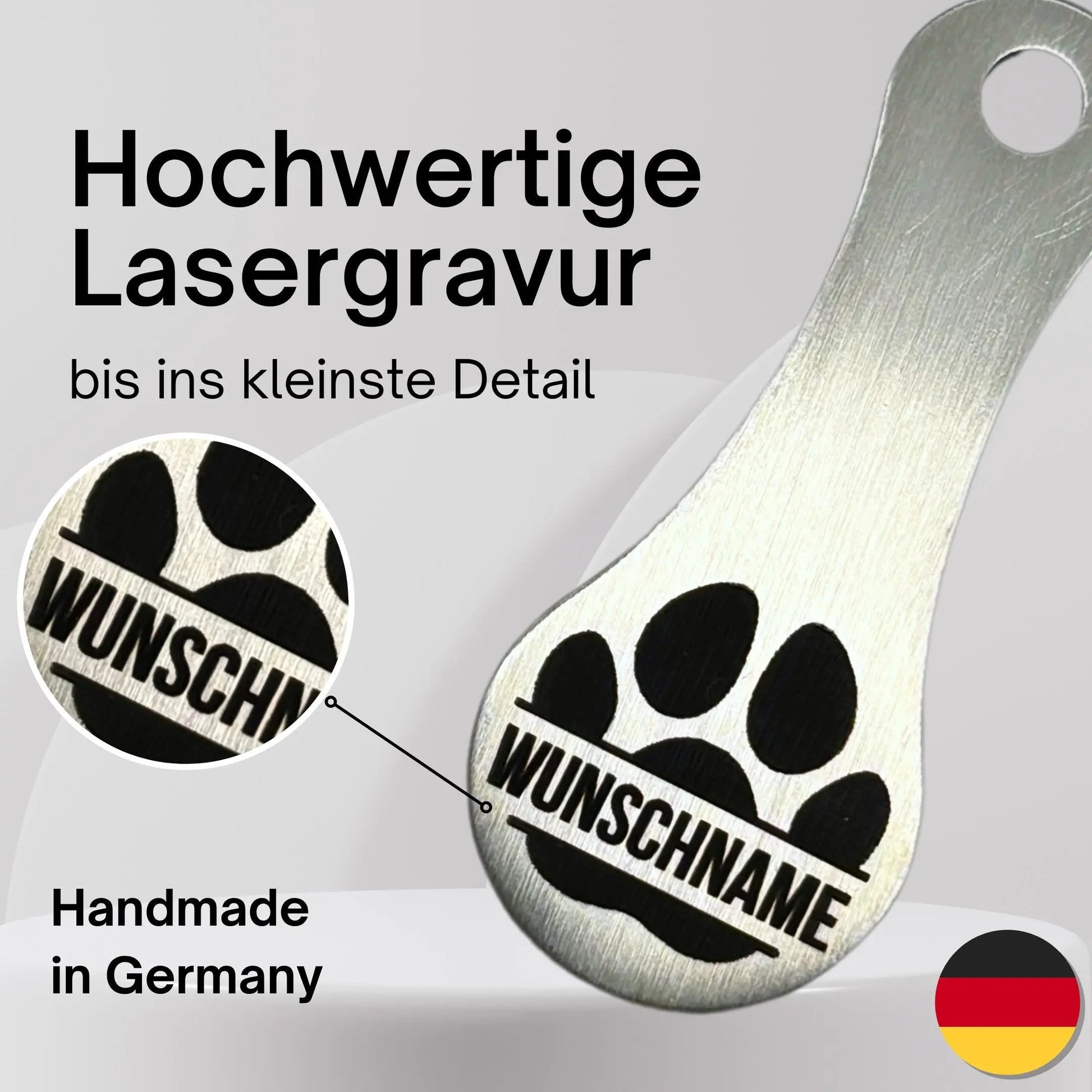 Einkaufswagenchip-Ersatz aus Edelstahl mit Pfotendesign und Namensgravur