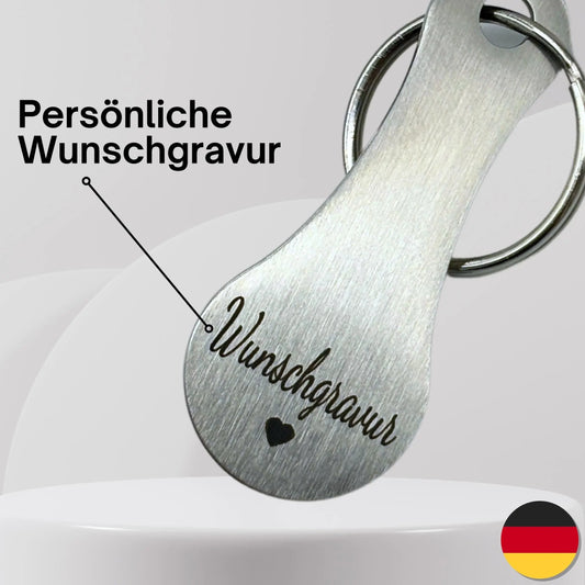 Edelstahl Einkaufswagenlöser mit Herz Gravur und Wunschnamen