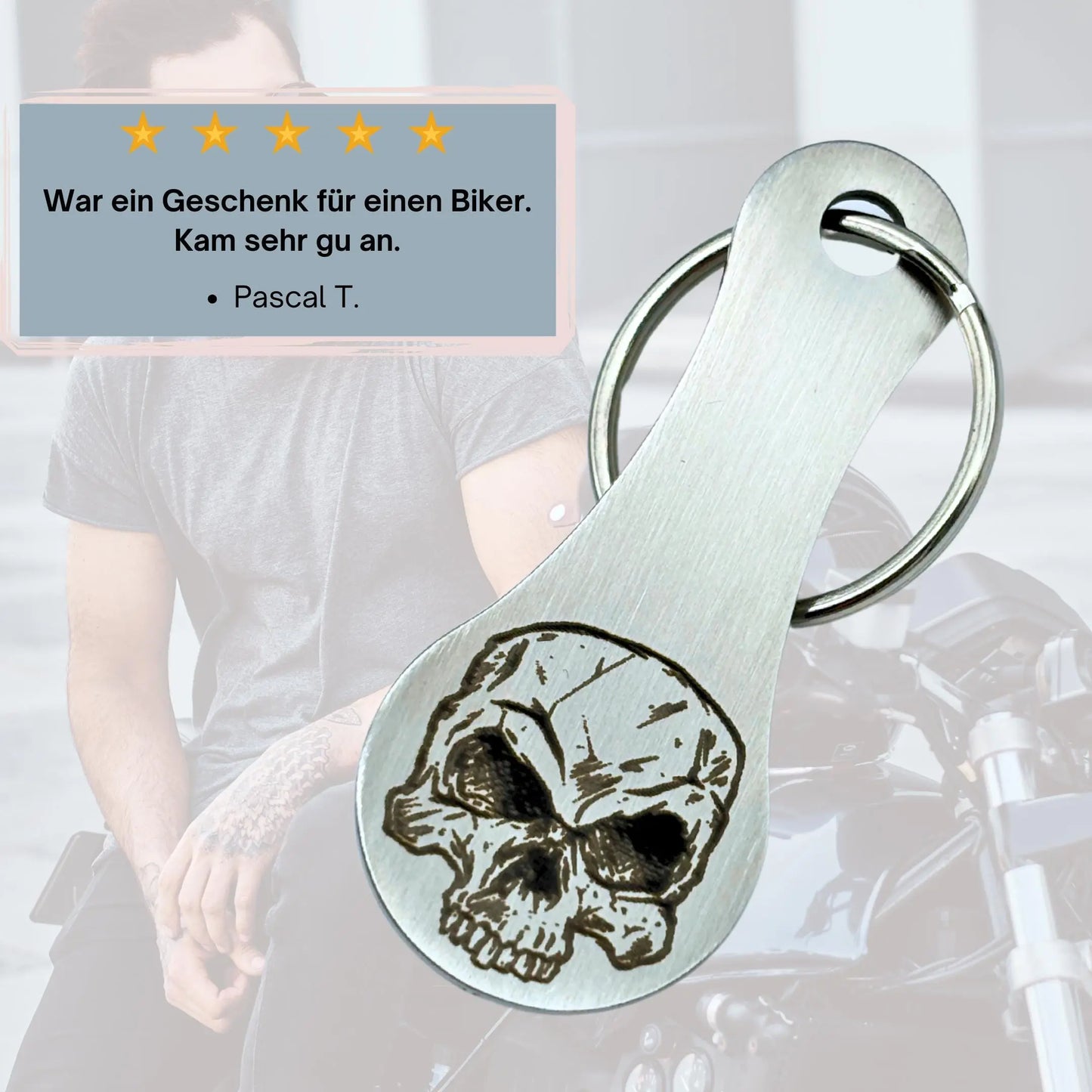 Geschenkidee für Biker – Einkaufswagenlöser mit Totenkopf Gravur aus Edelstahl, kommt super an laut Kundenbewertung