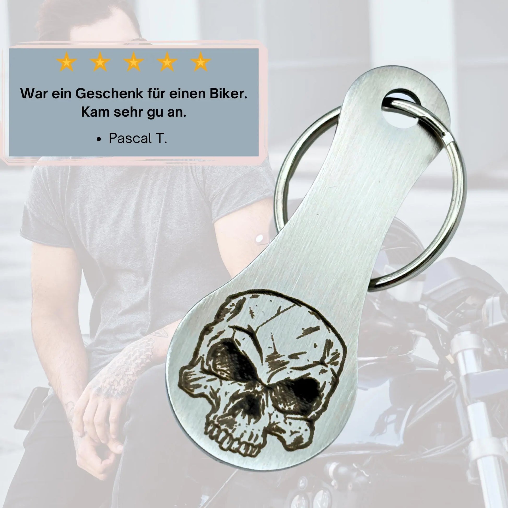 Geschenkidee für Biker – Einkaufswagenlöser mit Totenkopf Gravur aus Edelstahl, kommt super an laut Kundenbewertung