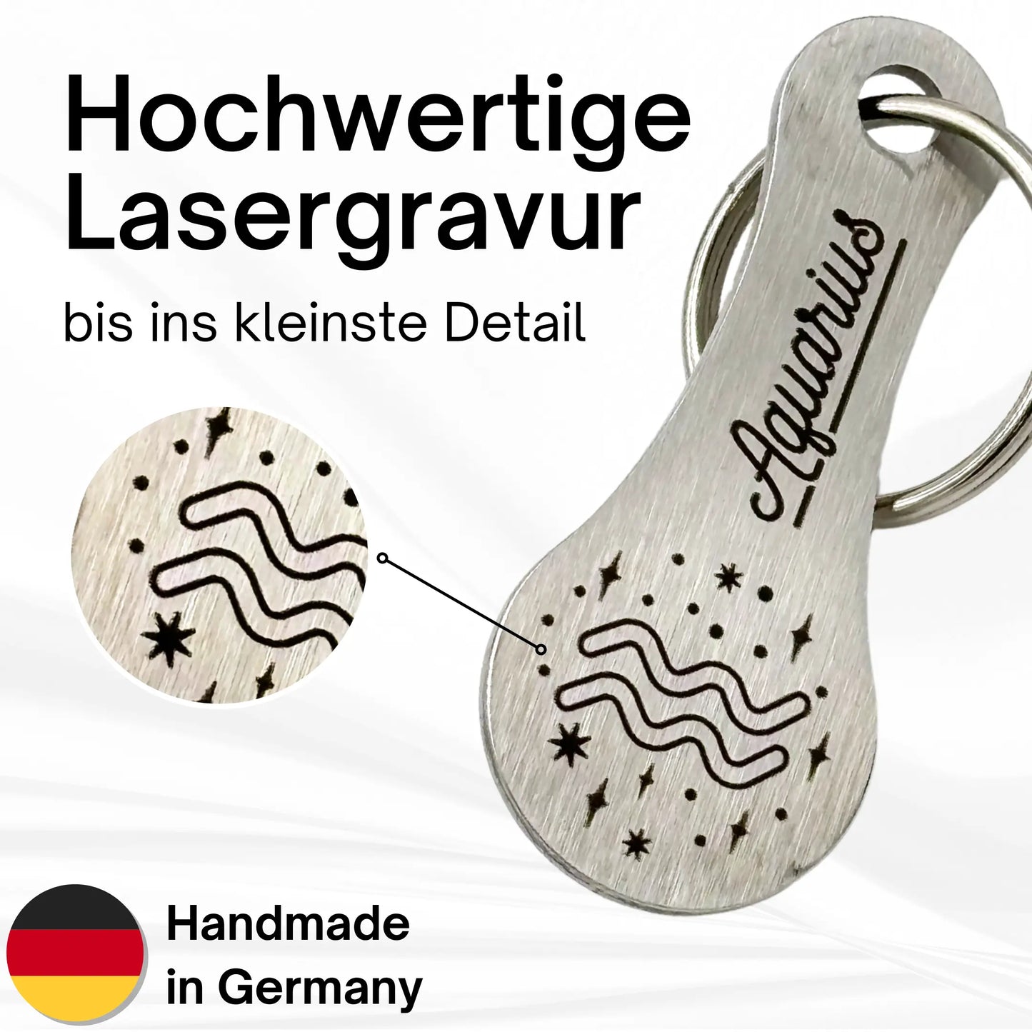 Hochwertig gravierter Einkaufswagenlöser aus Edelstahl mit Sternzeichen Wassermann (Aquarius), feinste Lasergravur bis ins Detail, deutsche Handarbeit