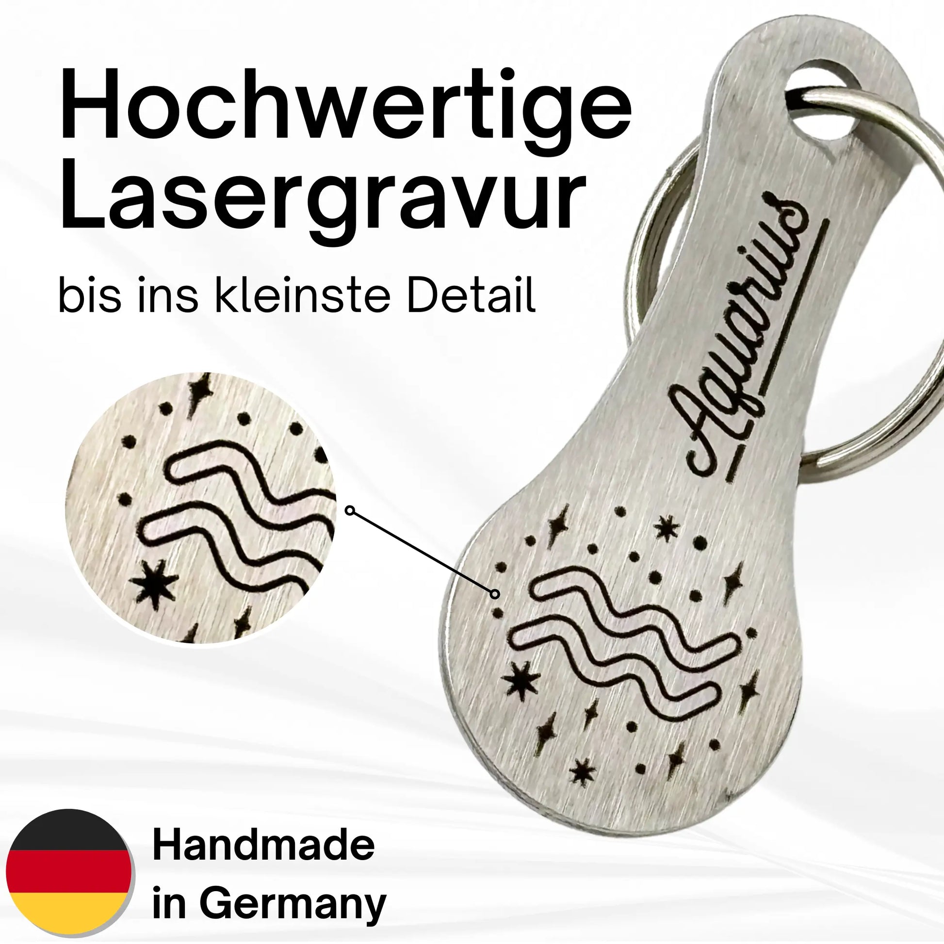 Hochwertig gravierter Einkaufswagenlöser aus Edelstahl mit Sternzeichen Wassermann (Aquarius), feinste Lasergravur bis ins Detail, deutsche Handarbeit