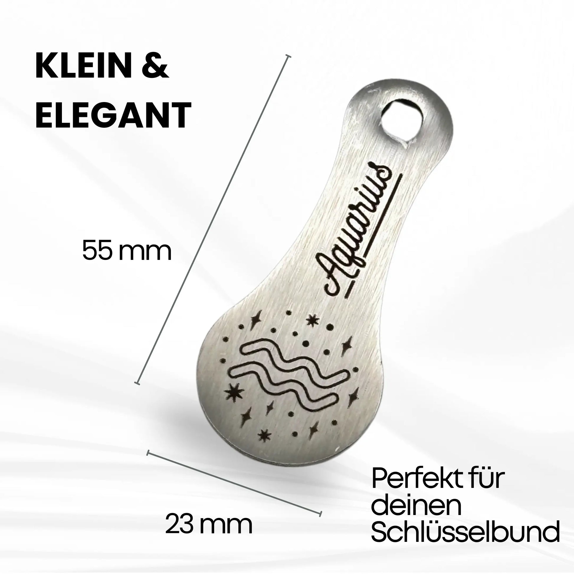 Praktischer und eleganter Einkaufswagenlöser aus Edelstahl mit Sternzeichen Aquarius Gravur, 55 mm lang, perfekt für Schlüsselbund oder Geschenk