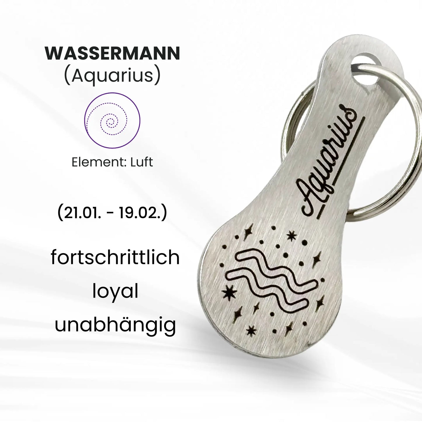 Edelstahl Einkaufswagenlöser mit Gravur des Sternzeichens Wassermann (Aquarius), ideale Geschenkidee für fortschrittliche und unabhängige Persönlichkeiten, Handmade in Germany