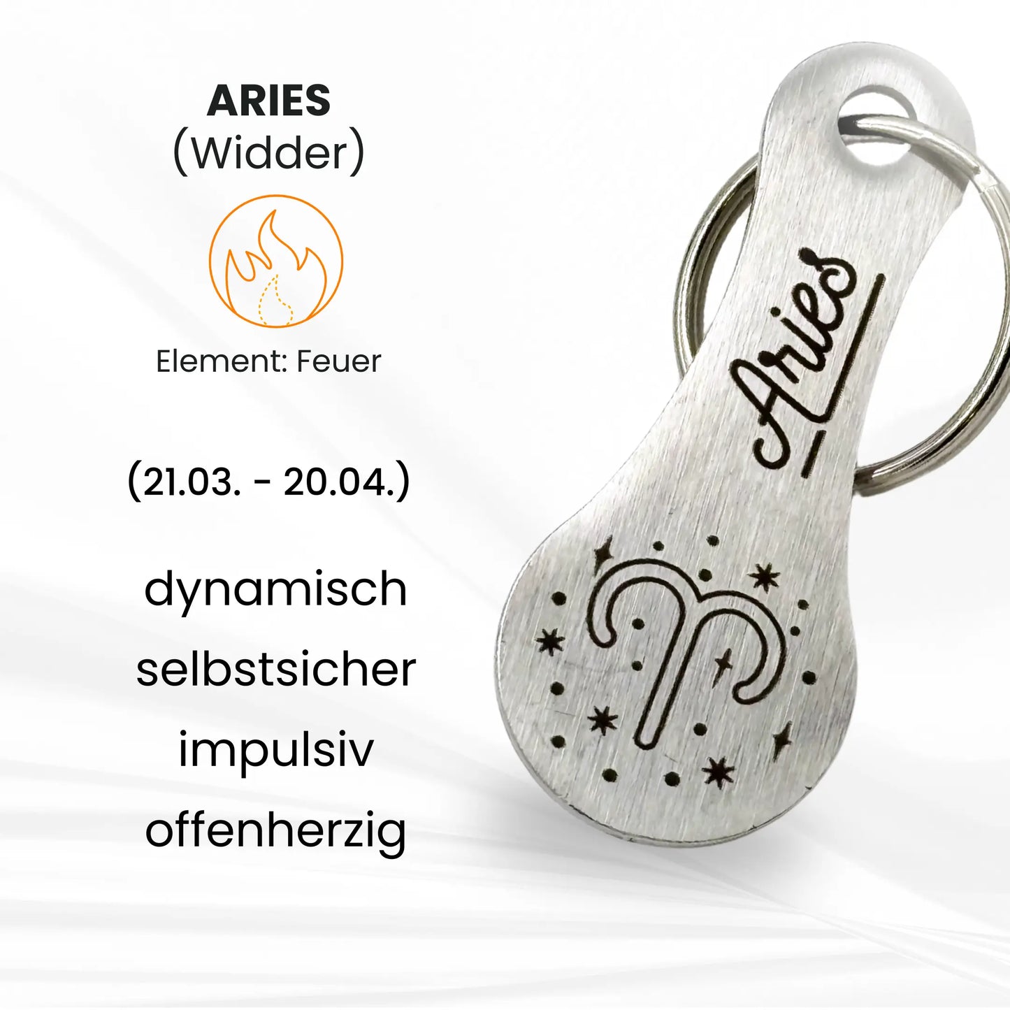 Sternzeichen Widder (Aries) Einkaufswagenlöser – dynamisch, selbstsicher, impulsiv, offenherzig – gravierter Edelstahl Anhänger, Element Feuer