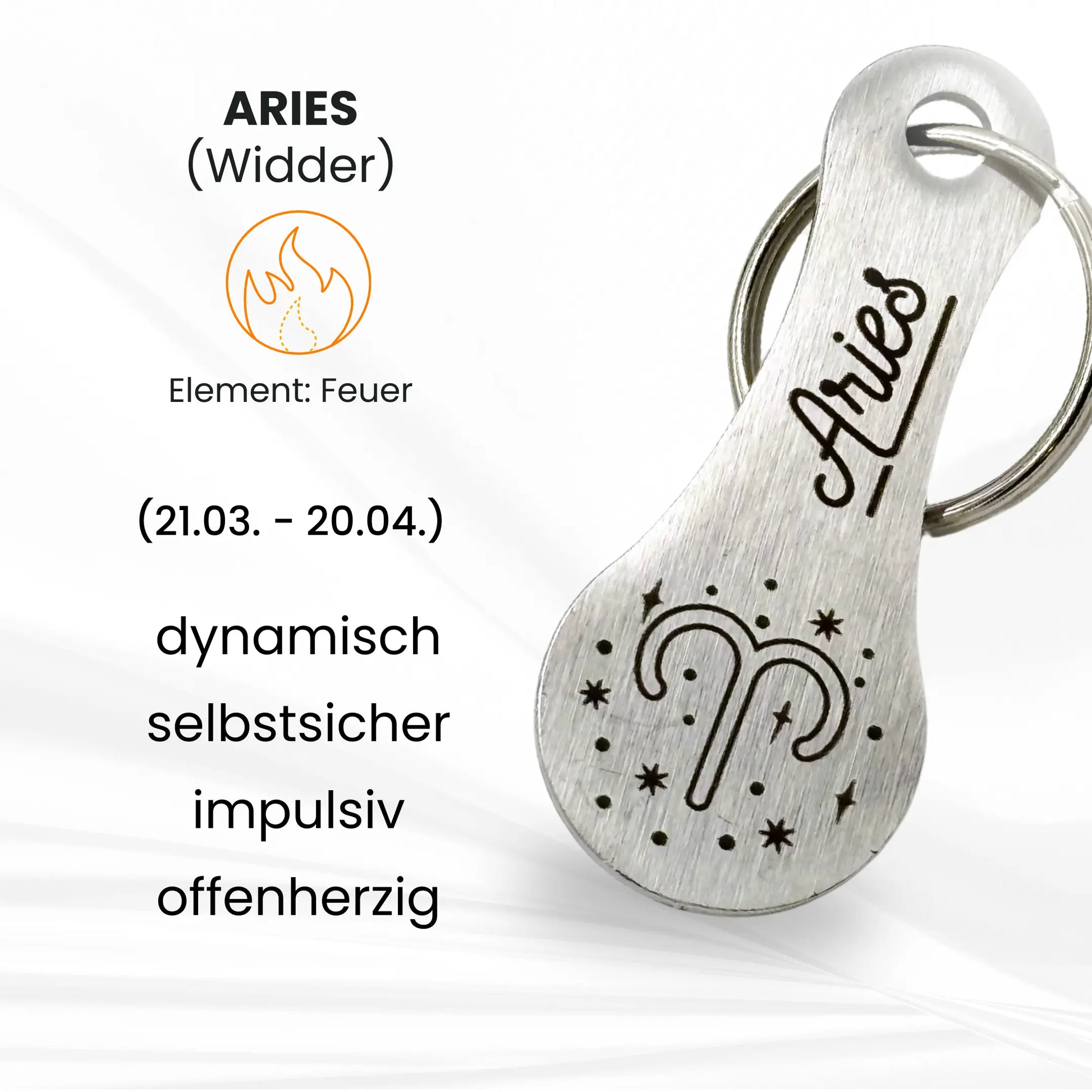 Sternzeichen Widder (Aries) Einkaufswagenlöser – dynamisch, selbstsicher, impulsiv, offenherzig – gravierter Edelstahl Anhänger, Element Feuer