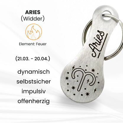Sternzeichen Widder (Aries) Einkaufswagenlöser – dynamisch, selbstsicher, impulsiv, offenherzig – gravierter Edelstahl Anhänger, Element Feuer