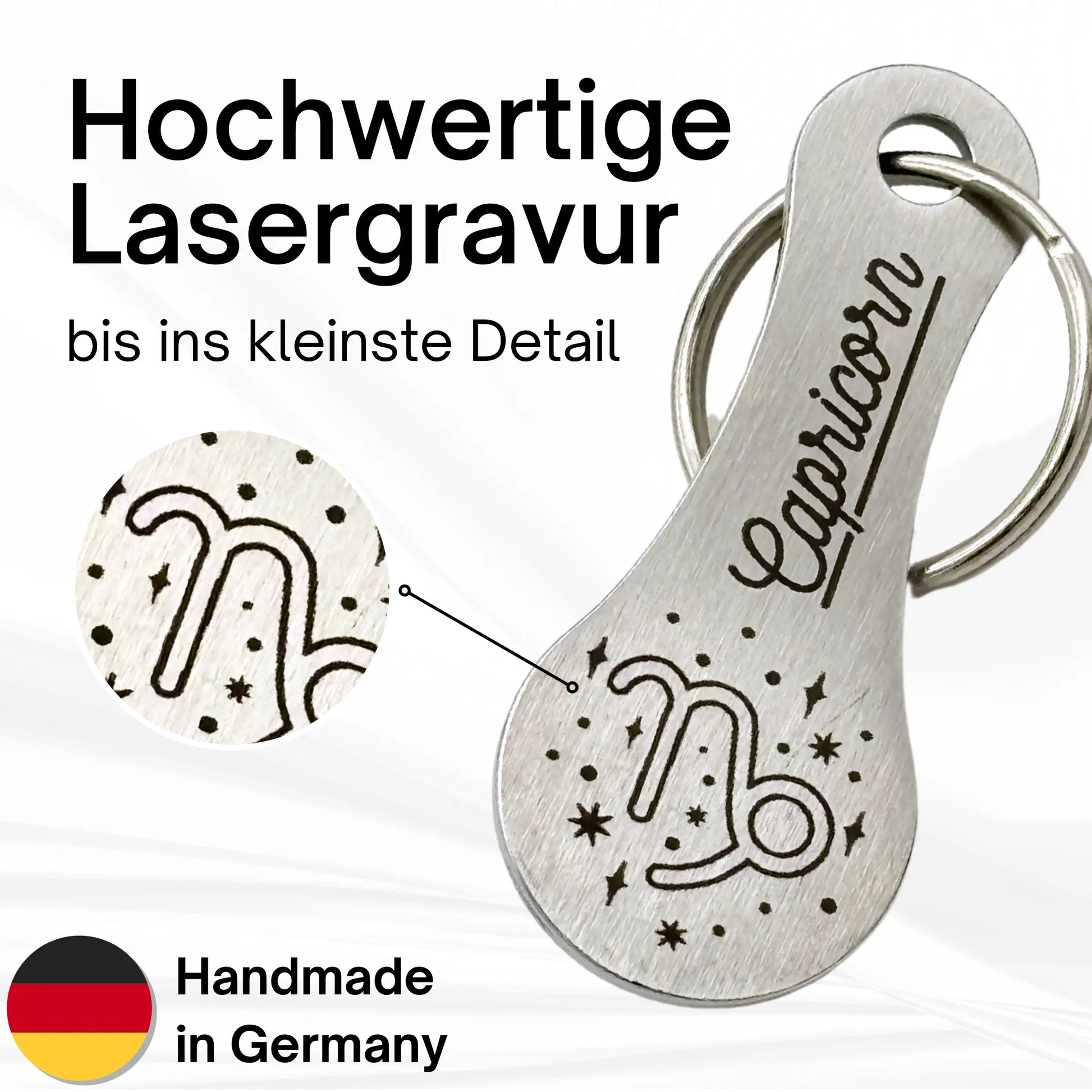 Hochwertige Lasergravur im Detail: Capricorn Einkaufswagenlöser – Handmade in Germany – langlebiges und individuelles Geschenk mit astrologischem Bezug.