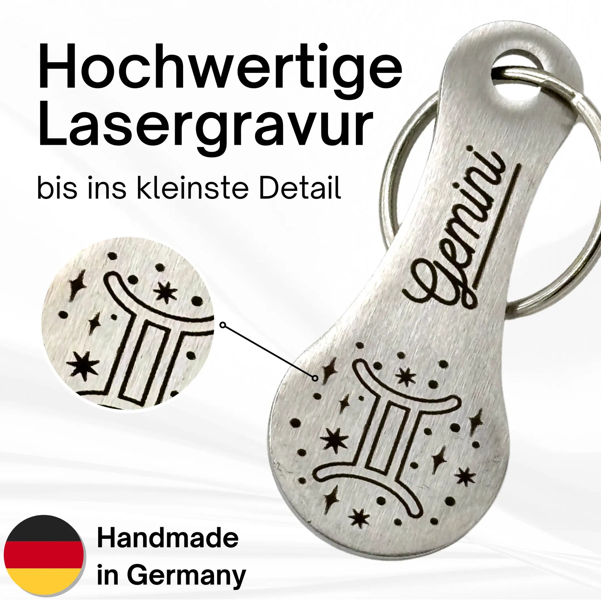 Detailaufnahme Einkaufswagenchip Zwilling – hochwertige Lasergravur mit Sternzeichen-Motiv – handmade in Germany