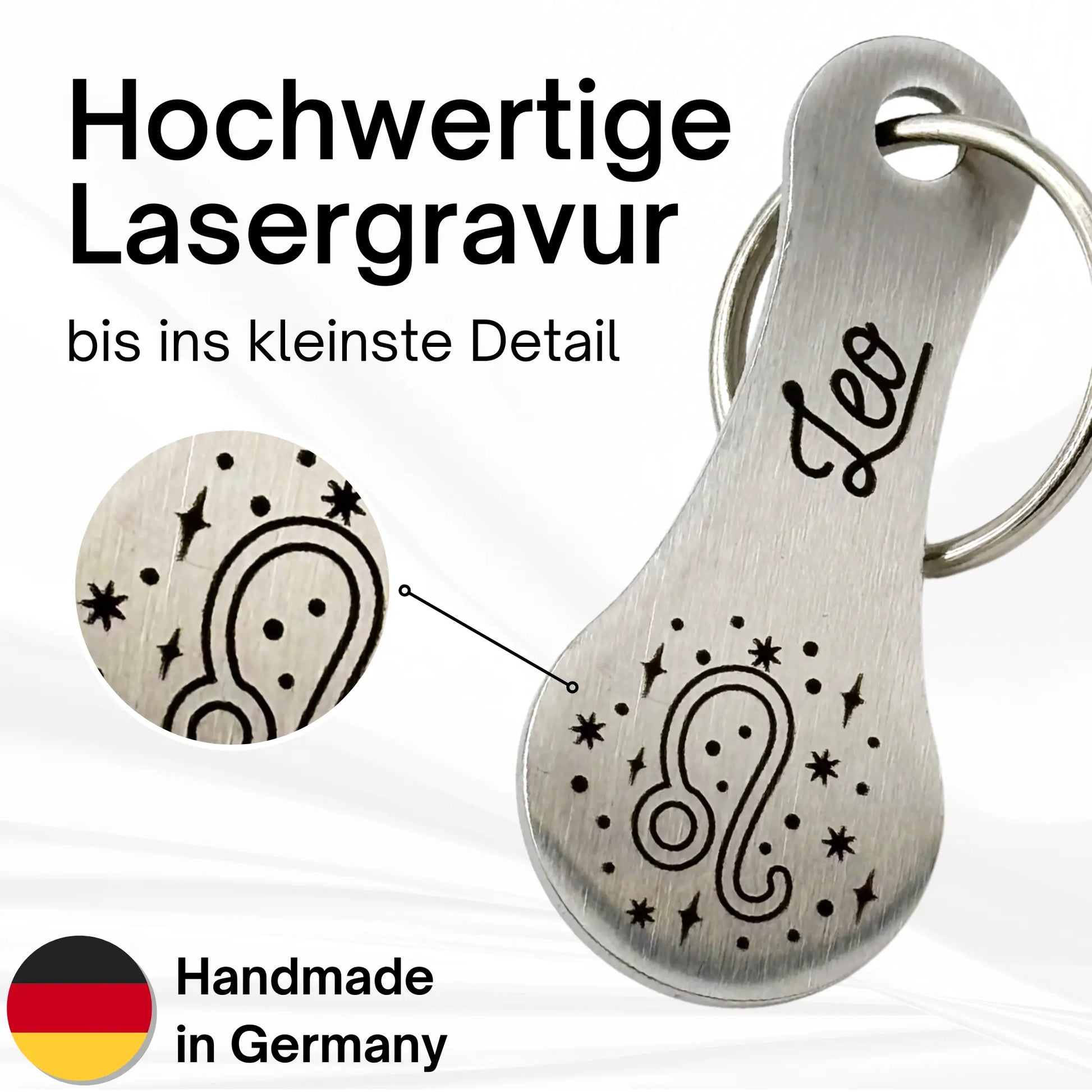 Handgefertigter Leo Einkaufswagenlöser – präzise Lasergravur Sternzeichen Löwe auf Edelstahl, Made in Germany