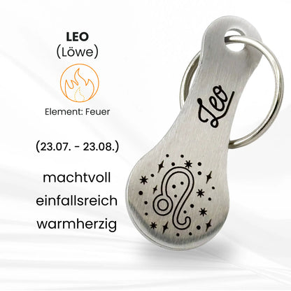 Sternzeichen Löwe Schlüsselanhänger – Leo Einkaufswagenlöser aus Edelstahl mit Gravur, inklusive Eigenschaften wie machtvoll, einfallsreich, warmherzig