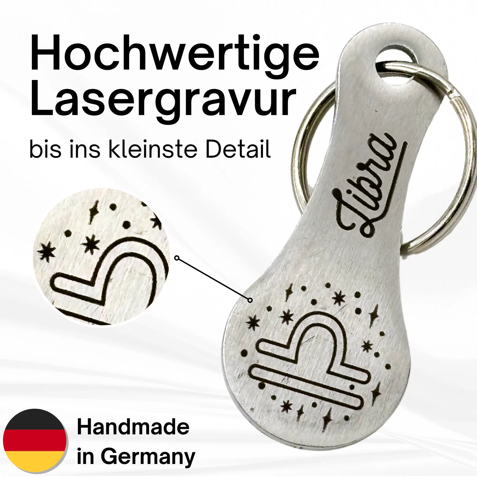 Einkaufswagenlöser Sternzeichen Waage mit hochwertiger Lasergravur – Detailansicht des Libra-Symbols auf robustem Metallanhänger, handgefertigt in Deutschland.