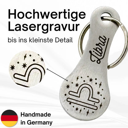 Einkaufswagenlöser Sternzeichen Waage mit hochwertiger Lasergravur – Detailansicht des Libra-Symbols auf robustem Metallanhänger, handgefertigt in Deutschland.
