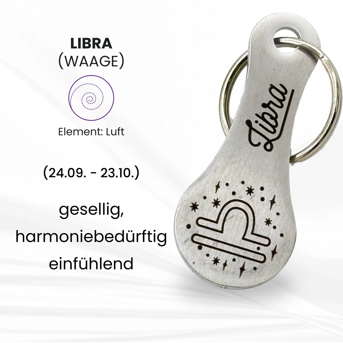 Sternzeichen Waage (Libra) Einkaufswagenchip – mit Gravur des Luftzeichens und Eigenschaften wie gesellig, harmoniebedürftig, einfühlend – ideal als persönliches Geschenk.
