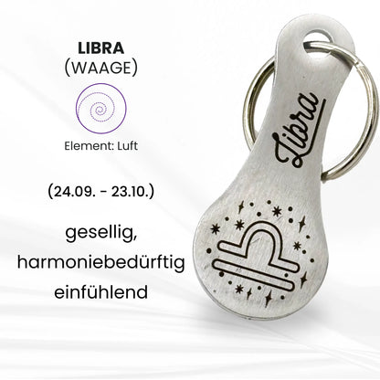 Sternzeichen Waage (Libra) Einkaufswagenchip – mit Gravur des Luftzeichens und Eigenschaften wie gesellig, harmoniebedürftig, einfühlend – ideal als persönliches Geschenk.