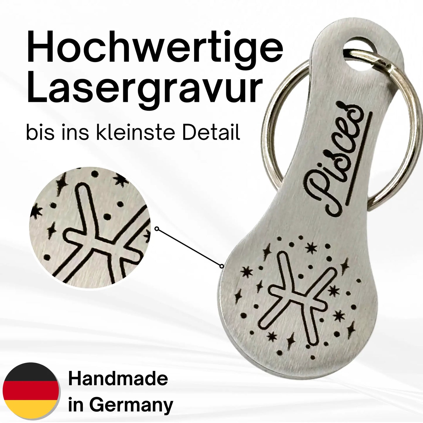 Hochwertige Lasergravur des Sternzeichens Fische auf Edelstahl-Schlüsselanhänger – Handmade in Germany