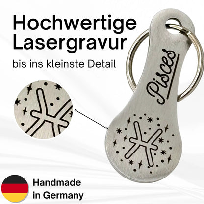 Hochwertige Lasergravur des Sternzeichens Fische auf Edelstahl-Schlüsselanhänger – Handmade in Germany
