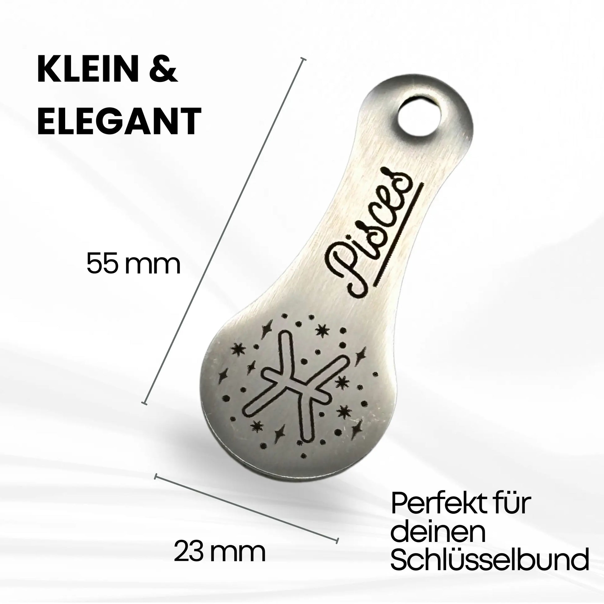 Edelstahl Einkaufswagenlöser mit Fische Sternzeichen Gravur – kompakt, 55 mm x 23 mm, ideal für Schlüsselbund