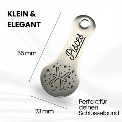 Edelstahl Einkaufswagenlöser mit Fische Sternzeichen Gravur – kompakt, 55 mm x 23 mm, ideal für Schlüsselbund