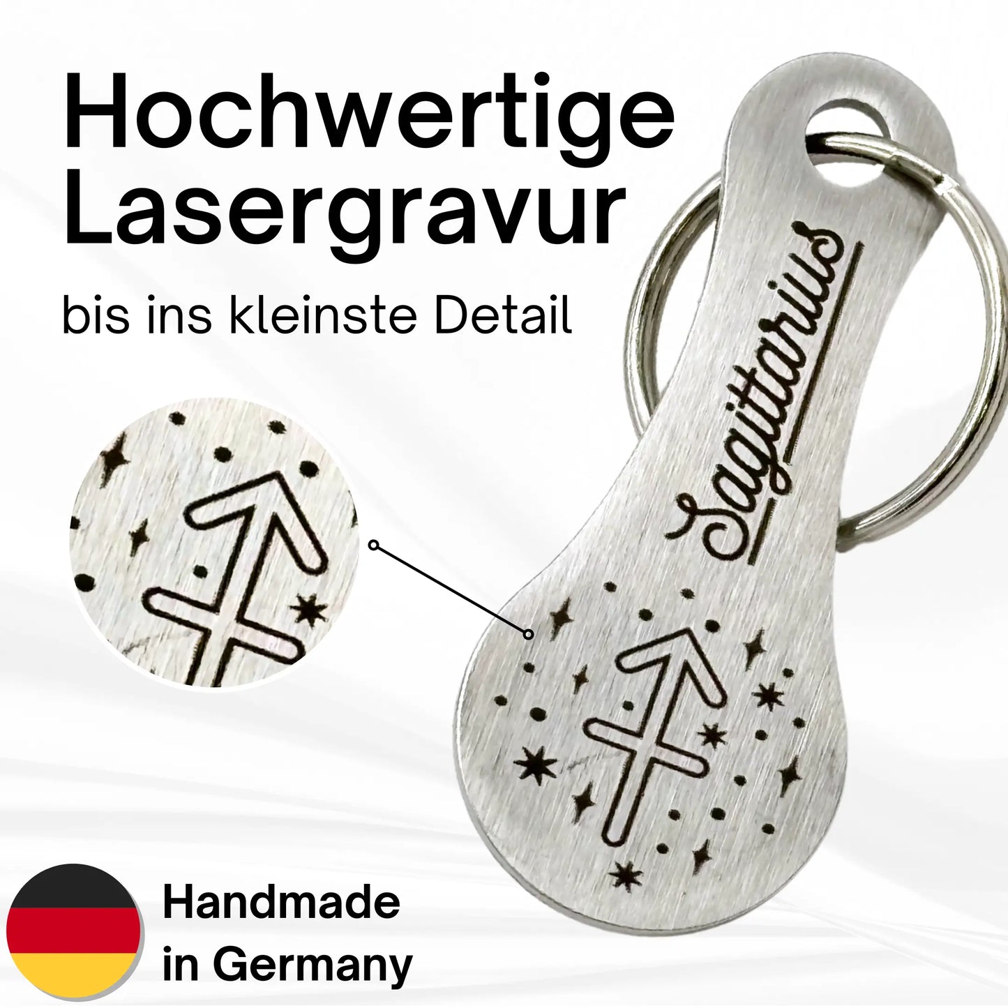 Hochwertiger Einkaufswagenlöser Sagittarius – Lasergravur des Sternzeichens Schütze mit Detailansicht, Handmade in Germany.
