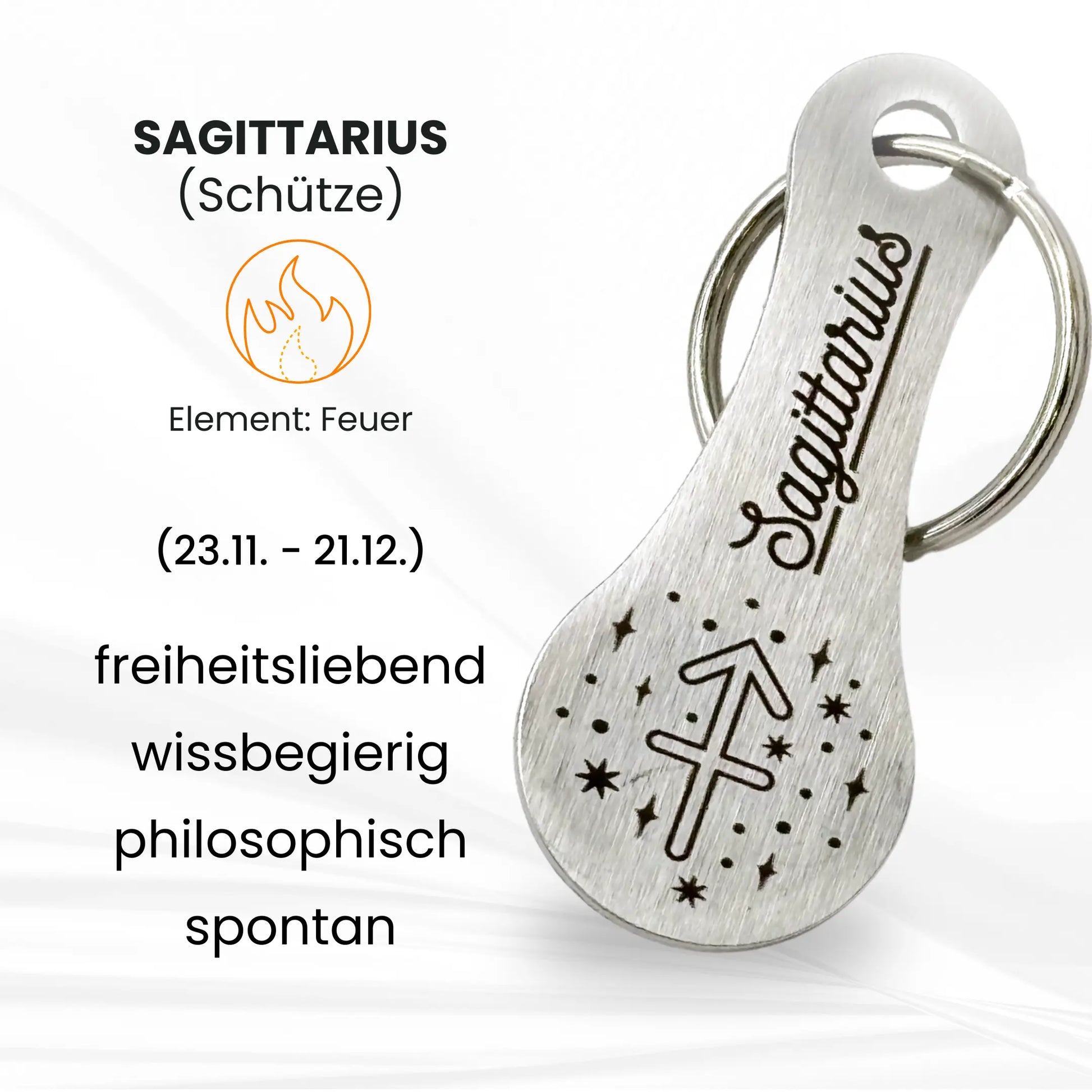 Einkaufswagenlöser mit Sternzeichen Sagittarius (Schütze) – mit Gravur, Eigenschaften, Datum (23.11.–21.12.) und Element Feuer.