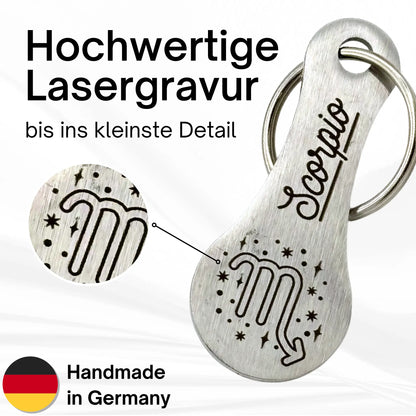 Edelstahl Einkaufswagenlöser Skorpion – präzise Lasergravur bis ins kleinste Detail, handmade in Germany.